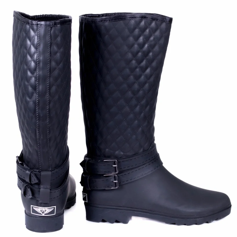 Women Tall Matte Rain Boots, RB-1904, Quilted Black